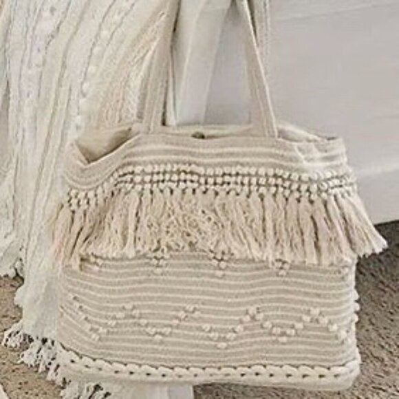 Aprii Marin  Bohemian Cotton Tote Bag  Natural Fully Lined Beach Tote - Picture 1 of 14